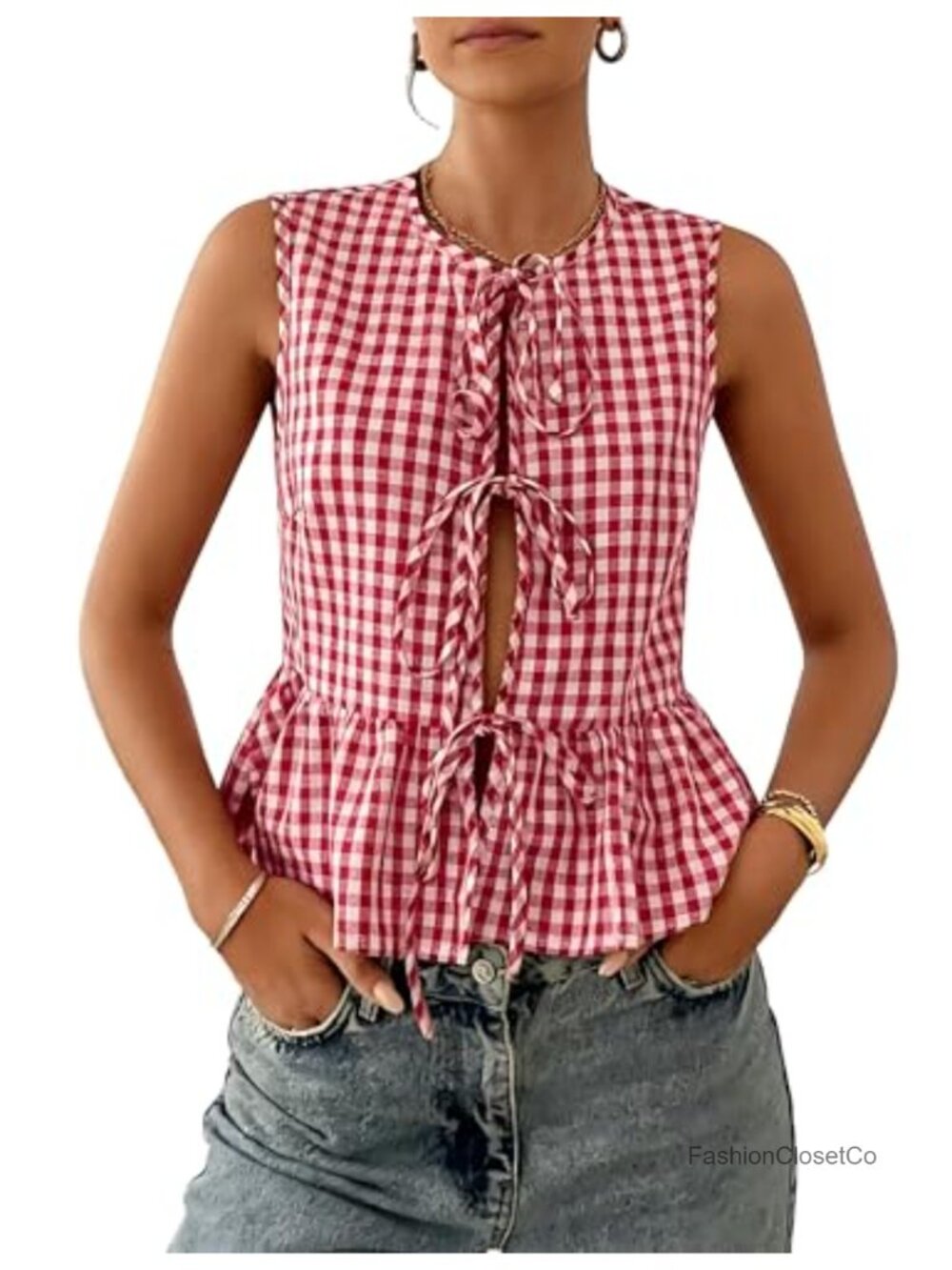 Sleeveless Gingham Babydoll Peplum Crop Tank Top Bow Tie Front Summer Cute